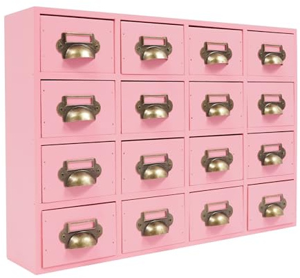 Dokiiovo Desktop Schubladenschrank Holz, Klein Vintage Kommode mit 16 Schubladen, 16-Schubladen-Schrank, Schreibtisch-Schubladen-Organisator für Haushalte, Büros, 50x10x35 cm (Rosa)
