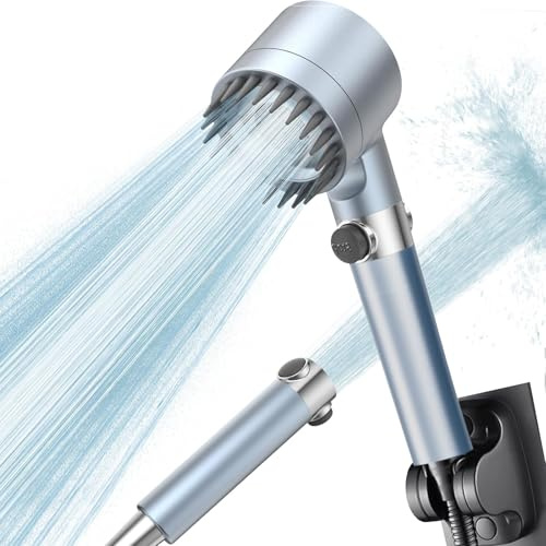 Pommeau de Duche Haute Pression, Pommeau de Douche Anti Calcaire avec 3+1 Modes de Jet,Pomme Duche Economie Deau avec Tuyau Douche 1.5M et Support, Salle de Bain Réglable Bouton D'arrêt D'eau,Bleu