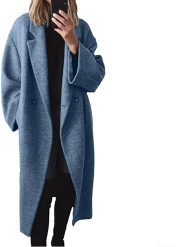Caswynlife Womens Long Wool Blend Trench Coat, Autumn Winter Casual Solid Color Overcoat, Full Length Outerwear, Microelastic Fabric, White(S Blue)