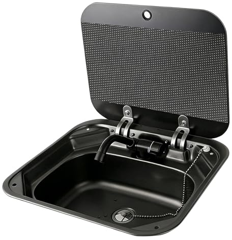 WPWSDWMX Spülbecken für Wohnmobile mit Glasdeckel, Faltbares Spülbecken aus Edelstahl 304, 42 X 37 cm, mit Wasserhahn für Wohnmobile, Boote und Küchen
