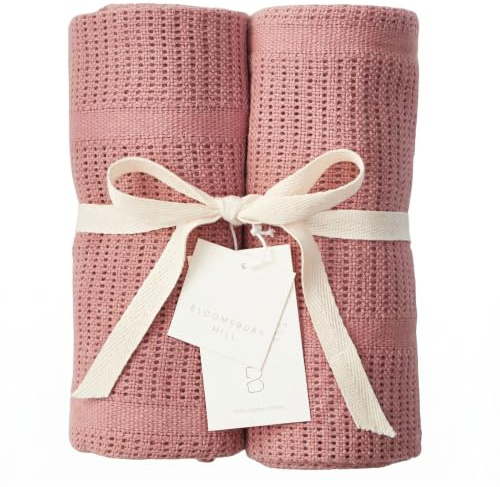 Bloomsbury Mill - Mantas celulares para bebé - 100% algodón orgánico - Paquete de 2 - Rosa rubor - Esenciales para recién nacidos - Mantas de bebé suaves y transpirables para cochecito, cuna, cesta de