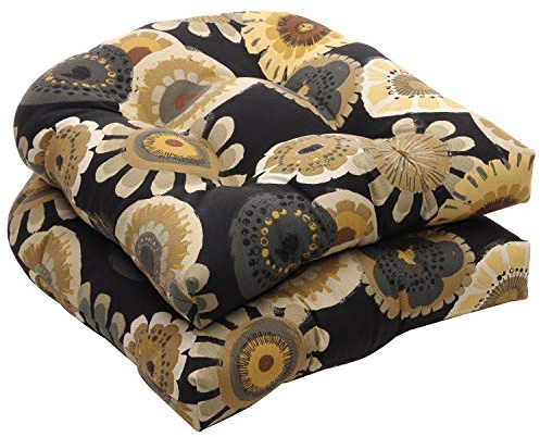Pillow Perfect Floral Indoor/Outdoor Chair Seat Cushion, Tufted, Weather, and Fade Resistant, 19 x 19, Black/Yellow Crosby, 2 Count