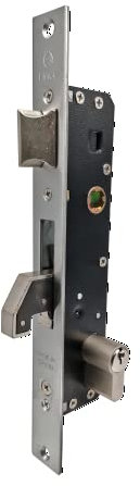 Lince Cerradura 557025 I Frente Inoxidable, 25 mm I Para Puertas Metálicas I Cerradura de embutir I Con picaporte, nueca para manilla y palanca de gancho basculante reforzado.