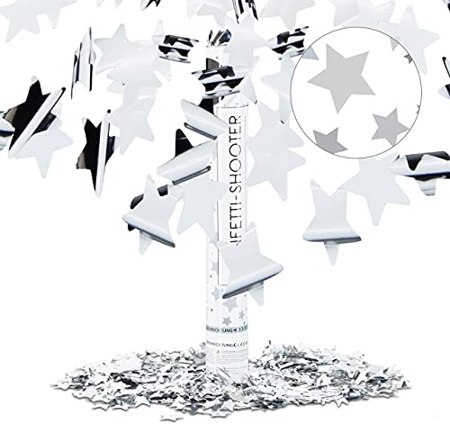 Relaxdays Party Popper Silber 40 cm, Sternenregen bis 8m Effekthöhe, Konfetti Kanone für Silvester, Geburtstag, Karneval