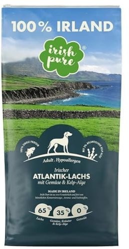 Irish Pure Hypoallergenes Trockenfutter Adult | 4kg | Atlantik-Lachs mit Kelp-Alge & Gemüse | Hoher Fleischanteil | Getreidefrei | Sensitiv | Hundetrockenfutter | Für alle Rassen