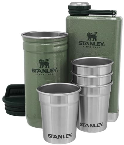 Stanley Stainless Steel Shot Glass and Flask Gift Set, Outdoor Adventure Pack with 4 Metal Shot Glasses, 8oz Whiskey Flask, and Travel Carry Case