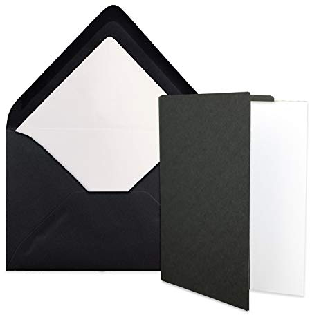 25x Stück Karten Set in Schwarz Faltkarte DIN A6 mit passendem Einlegeblatt in Weiß und Umschlag DIN C6 mit weißem Seidenfutter