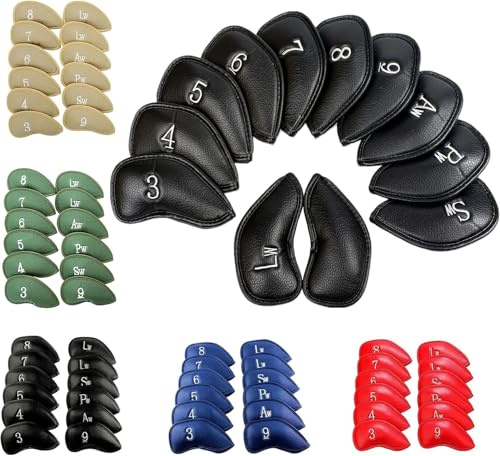 FINGER TEN Lot de 12 Housses de tête de Club de Golf en Fer synthétique - pour Homme et Femme - Couleur : Noir, Bleu, Rouge, Ajustement Universel - pour Nike Callaway Titleist Ping, Bleu - 12 pièces.