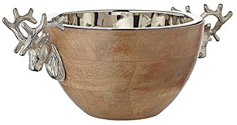 EDZARD Cuenco Ciervo, Madera de Mango con Asas de Ciervo, Aluminio niquelado, Largo 30 cm, Ancho 20 cm, Cuenco Decorativo