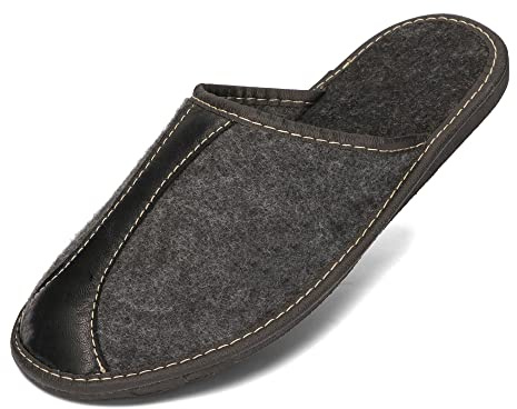BeComfy Zapatillas de Hombre por Casa Fieltro Negro Gris Ligero Regalo Pantuflas Super Opa 40-46 EU (Negro con Cuero, Sistema tallas calzado EU, Adulto, Números, mediano, 42)