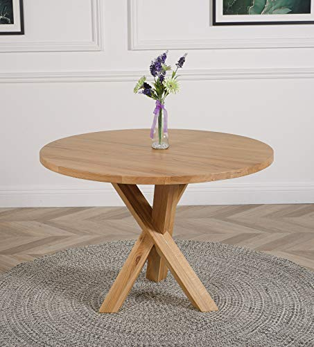 Oak Furniture King Oregon Round Oak Dining Table, 110cm 4 Seater Kitchen Table, Cross Leg Pedestal Base, Solid Oak Wood, Natural Finish