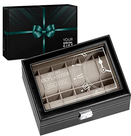 Maverton Boîte à Montres avec Vitrine Gravée - Étui pour 12 Montres à Personnaliser, Boîte de Rangement – Cadeau Homme - Cadeau Personnalisé - Cadeau Anniversaire - Cadeau Noel - time keeper