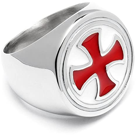 Schmuck-Checker Massiver Kreuzritter-Ring aus 316L Edelstahl silber poliert mit rotem Tatzenkreuz Templer-Ring Geschenk