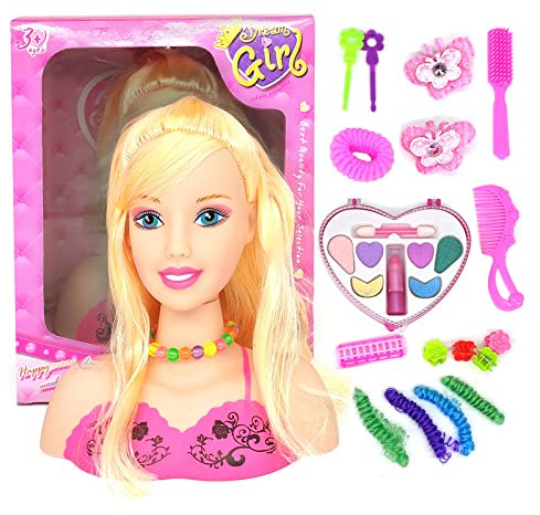 Bambola per Lo Styling della Testa per Bambini, Set di Giochi Finti per Il Trucco 17 Pezzi Giocattolo per la Testa per Lo Styling dei Capelli, Bambole della Principessa Testa per Il Trucco Modello