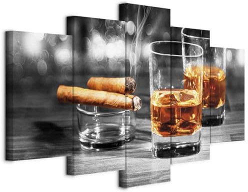 B&D XXL - Quadro Acustico Whisky Sigaro 5 pezzi schiuma acustica Quadri Moderni Camera da Letto Matrimoniale - Stampa su Tela - Pannelli Fonoassorbenti Decorativi - Fonoassorbente