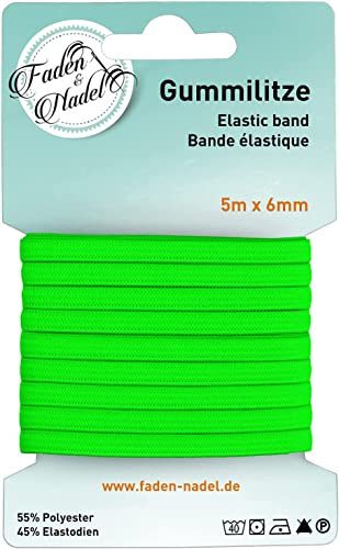 Faden & Nadel 6 mm Gummilitze : elastisches Gummiband, 5 m lang, NEON-GRÜN, bügelbar