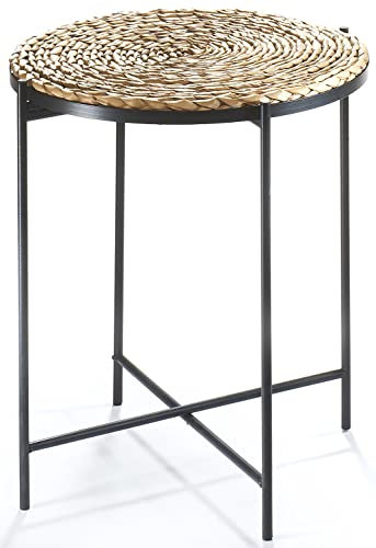 Kobolo Beistelltisch Coffee, 38x38x45 cm, rund, Metall & Seegras, braun, moderner Tisch mit integriertem Tablett, ideal für Wohnzimmer, Esszimmer & Flur