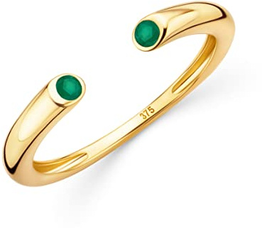 OROVI Damen Goldschmuck, Gold Ring mit zwei Smaragd, grüner Edelstein Geburtsstein, offene Ringschiene, 9 Karat (375) Gelbgold