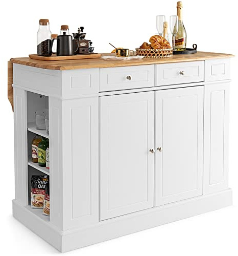 TANGZON Large Kitchen Island with Rubber Wood Drop Leaf Worktop (White) | Kitchen Sideboard Cabinet with Drawers, Adjustable Shelves & Side Racks, Kitchen Cupboard for Dining Living Room