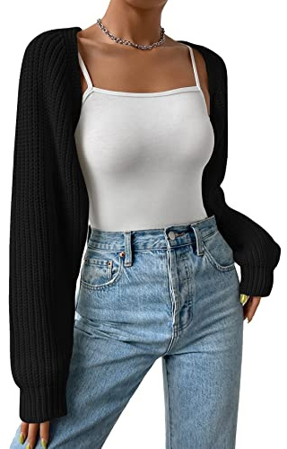 Verdusa Women's Y2k Cropped Cardigan Sweaters Lightweight Knit Open Front Bolero Shrugs Spring Fall Outfits Black Medium