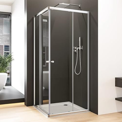 Eckeinstieg Duschkabine 75x80cm Doppel Schiebetür Duschabtrennung, Goezes 80x75cm Dusche Schiebetüren Duschkabine mit 6mm ESG Sicherheitsglas, Eckdusche Glas Duschwand Duschtür Höhe 185cm