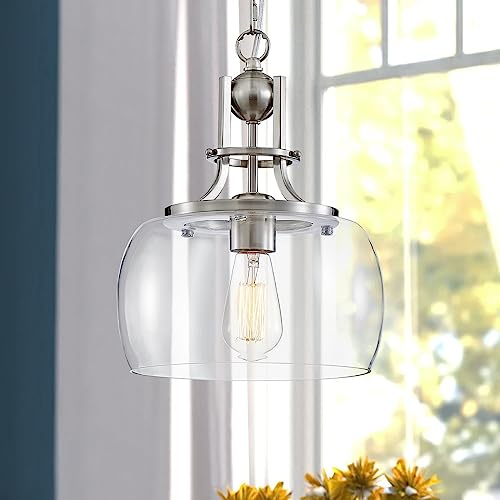 WUZUPS Chandelier Rustic Farmhouse Industrial Round Ceiling Pendant LED Light Fixture with Clear Glass Shades for Dining Room Kitchen Island Foyer Entryway, H33 W25, E27 Base, Brushed Nickel