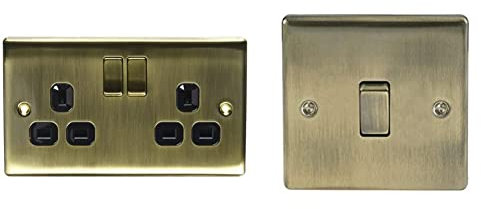 BG Electrical nab22b Metal Antique Brass Double Plug Socket Switch - Brass Black & nab12 Single Light Switch, Antique 2-Way, 10AX
