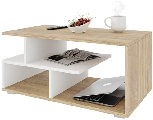 Meble Pitus Couchtisch Sonoma Eiche/Weiß – Moderner Wohnzimmertisch 90x50x49 cm mit Stauraum & Ablagefach – Stabiler Sofatisch, pflegeleicht & langlebig
