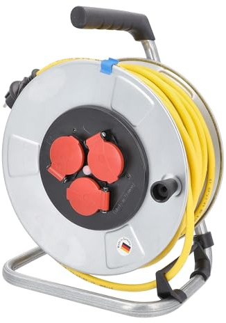 as - Schwabe Kabeltrommel 50 m K35 AT-N07V3V3-F 3G1,5, IP44 Außenbereich, 3 Schutzkontaktsteckdosen, Thermoschutzschalter, Stahlblech, Made in Germany