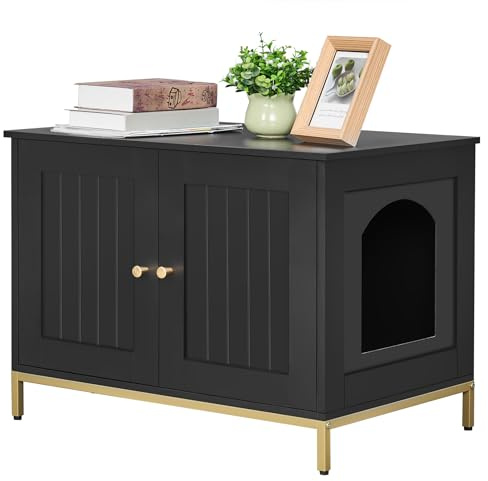 Homhedy Cat Litter Box Enclosure, Cat Washroom Furniture with Metal Frame, Pet House, Fit Most of Litter Box, Modern Style, Black and Gold