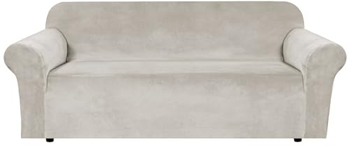 H.VERSAILTEX 1 Peice Stretch Velvet Sofa Covers for 3 Cushion Couch Covers Sofa Slipcovers Furniture Protector Soft, Crafted from Thick Comfy Rich Velour (Sofa 72-90, Oatmeal)