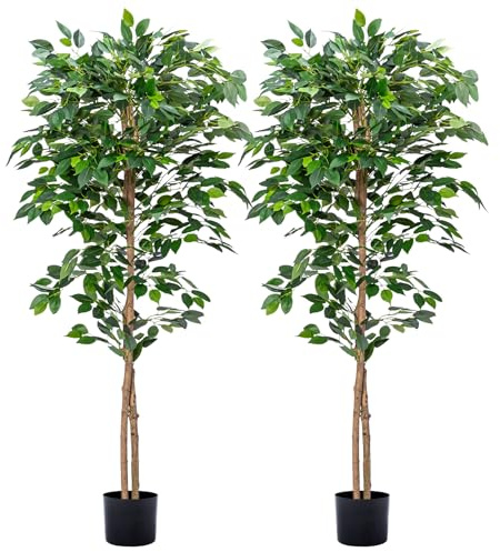 HAIHONG 2Packs 5FT Artificial Ficus Trees with Realistic Leaves and Natural Trunk, Faux Ficus Tree with Sturdy Plastic Nursery Pot, Fake Ficus Tree for Office Home Farmhouse for Indoor Outdoor Decor