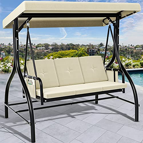 YITAHOME Canopy Garden Swing 3-Seats Outdoor Patio Seat Heavy Duty Swing Chair with Adjustable Canopy Removable Cushion, Suitable for Adult in Garden, Poolside, Balcony, Beige