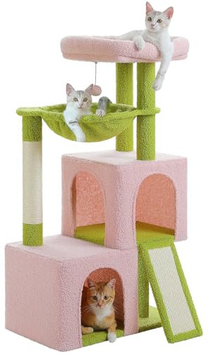 PETEPELA Kratzbaum 104cm Katzenbaum mit 2 geräumigen Höhle für Wohnungskatzen, Katzenhaus mit bequemer Hängematte, gepolsterter Sitzstange, Kratzpad und abziehbarer Spielball rosa