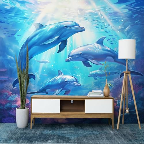 Fototapete Cartoon-Tier-Delfin Vlies Tapeten Wandtapete, Blau Moderne Wanddeko Design Wand Dekoration Wohnzimmer Schlafzimmer Büro Flur 350 x 256 cm (WxH) Wandtapete