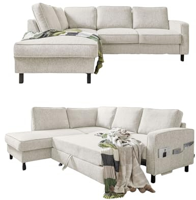 MIUFORM Molly L | limitierter Polsterstoff | 6 Sitzer Ecksofa | L-form links | 233 x 198 x 88cm Couch | Klappsofa mit Schlaffunktion | Schlafsofa klappbar (Beige)