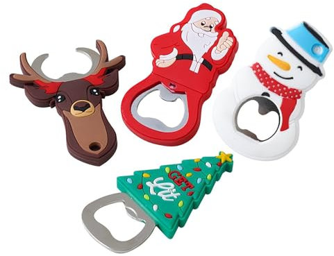 4 apribottiglie natalizi in acciaio inox, apribottiglie, in silicone, palmare, per la rimozione di lattine di birra, apriscatole in metallo a tema natalizio, bomboniere per feste di Natale per casa e