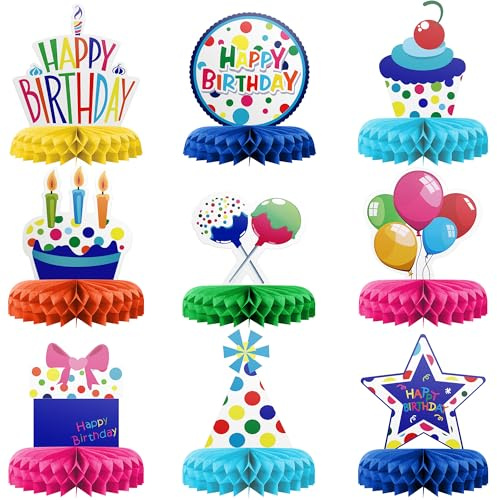 Happy Birthday Table Decoration Centrepieces - (9 Pack, Multicolour) - Double-Sided Happy Birthday Centrepieces for Tables - Party Supplies for Elegant Birthday Decorations by PixiPy