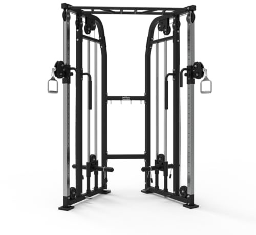 Bad Company Fitnessturm Kraftstation mit kompaktem Cable Cross Kabelzug und Klimmzugstange - Seilzug Fitnessgerät mit Hantelscheibenaunahme inkl. Zubehör I BCA-152 (schwarz, Kunststoff-Umlenkrollen)