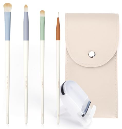 Lot de 4 pinceaux de maquillage pour les yeux avec recourbe-cils – Comprend des pinceaux à sourcils, un crayon, un mini correcteur et un eyeliner avec pochette de voyage en polyuréthane