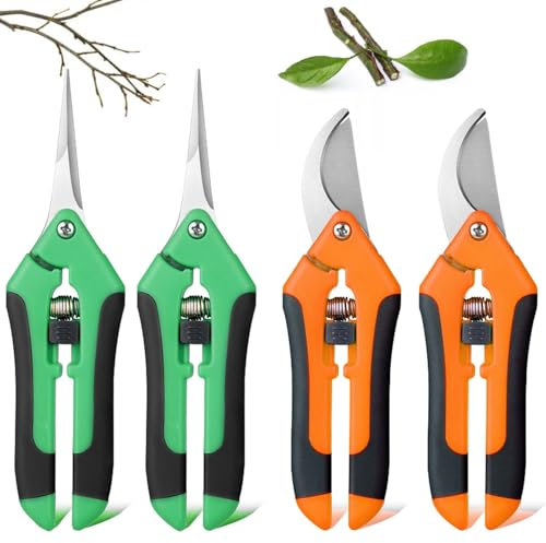 Gartenschere Set 4 Stück, Edelstahl Blumenschere & Rosenschere, Scharfe Bypass Schere für Gartenarbeit, Ernte, Trimmen von Pflanzen, Blumen, Rosen, Hecken (Grün+Orange, Ergonomisch)