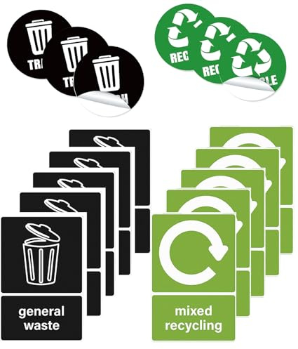 16 Pack Recycling Bin Stickers 15x10cm General Waste and Mixed Recycling Decals Waste Decals 15x15cm Durable and Weatherproof Recycling Bin Stickers Suitable for Kitchen, Home, Office, Restaurant