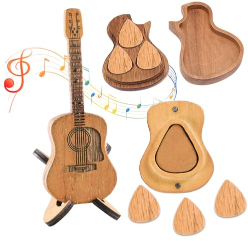 NAESM Holzgitarre Pick Box mit Ständer, 6 Pcs Einzigartige Gitarre Picks, Musiker Gravierte Holz Plektrum Fall, Mini Gitarre Geformte Gitarre Pick Halter Fall