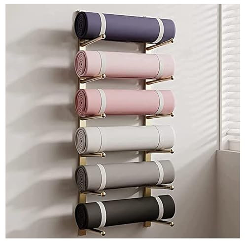 Yogamattenhalter mit 6 Etagen und Schaumstoffrollenhalter, Wandhalterung für Handtuch/Übungspads, Display, Sportgeräte, Hängeaufbewahrung, Organizer, Yogamattenhalter (weiß)
