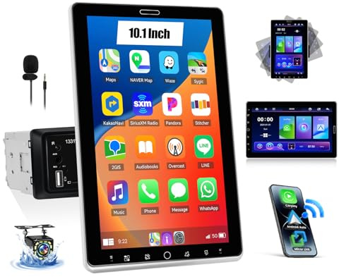 GOHHDL Autoradio 1 Din avec Wireless Carplay Android Auto, IPS 10.1 inch Rotating Touch Auto Radio with iOS/Android Mirror Link Bluetooth FM/AM/RDS SWC USB/AUX/EQ Caméra arrière&MIC