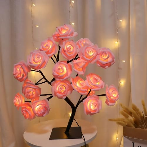 Maimeili 24 LED simulierte Rosenbaum Tischlampe Warme weiße Feenblumen mit Schalter Romantische Tischleuchte für Schlafzimmer Wohnzimmer Party Hochzeit Valentinstag USB Powered