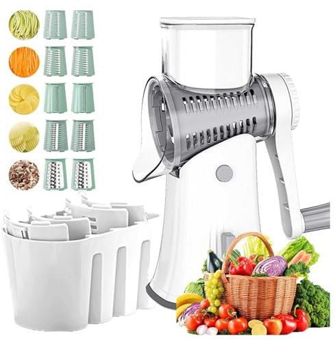 Trituradora de queso giratoria con base de succión antideslizante, rallador de queso giratorio 5 en 1 con 5 cuchillas intercambiables, cortador manual de manivela para queso, verduras, cortador de