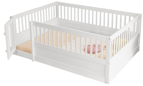Goldicoo Bodenbett 140x200, Montessori Kinderbett mit Rausfallschutz, Gitterbett mit Tür, Holz