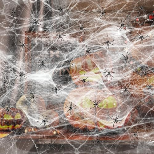 Spinnennetz Halloween Dekorationen, 200g Weiß Outdoor Spinnweben Dekoration Mit 60 Horror Schwarz Spinnen 1000m² Indoor Outdoor Spuk Spinnennetz, Spinnennetz für Gruselige Halloween Party Dekorationen