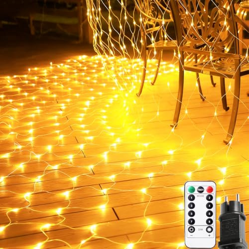 Filet Lumineux Noël Extérieur, 208 LED 3x2M Guirlande Lumineuse Plafond avec 8 Modes, Télécommande & Minuterie, IP65 Étanche, Filet Luminaire Noel Exterieur pour Buisson Jardin Intérieur(Blanc Chaud)